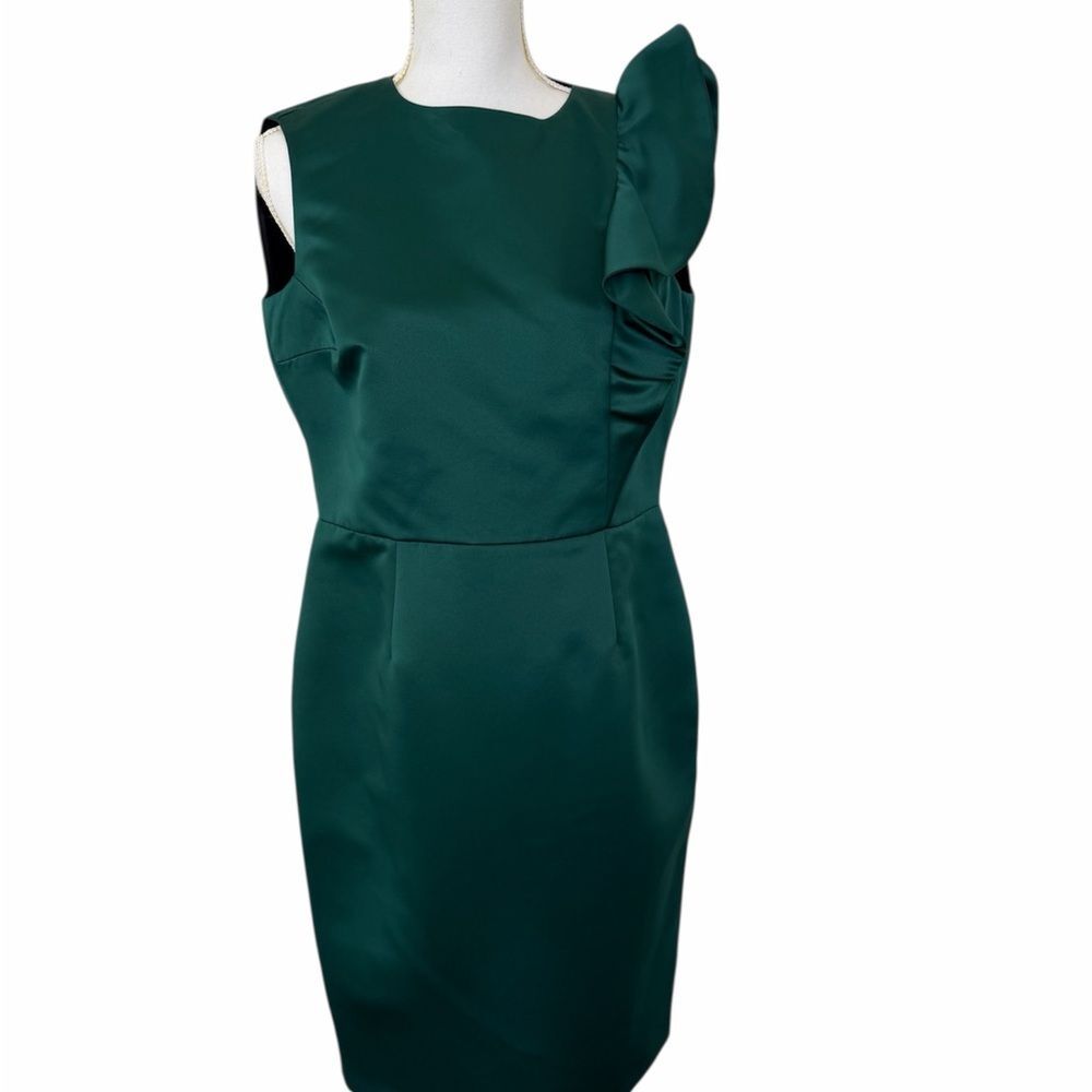 ZARA Emerald Green Satin Ruffle Shoulder Sheath Cocktail Dress - Size XL - EUC